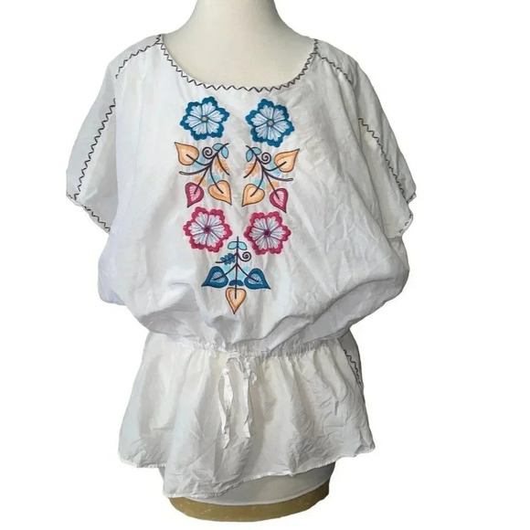Embroidered Floral Peasant Blouse Top NICOLE Miller Sz Large White Silk/Cotton - Picture 5 of 16